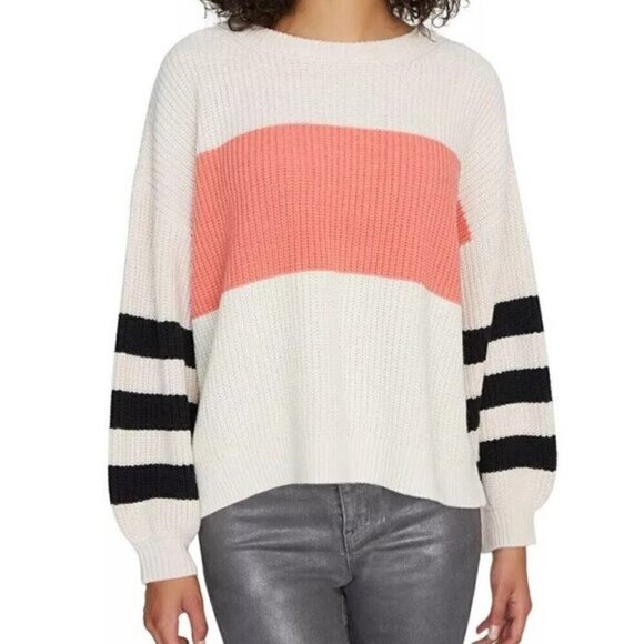 SANCTUARY Off White Pink Black PLAYFUL STRIPE Shaker knit sweater 2X NEW - Picture 1 of 6